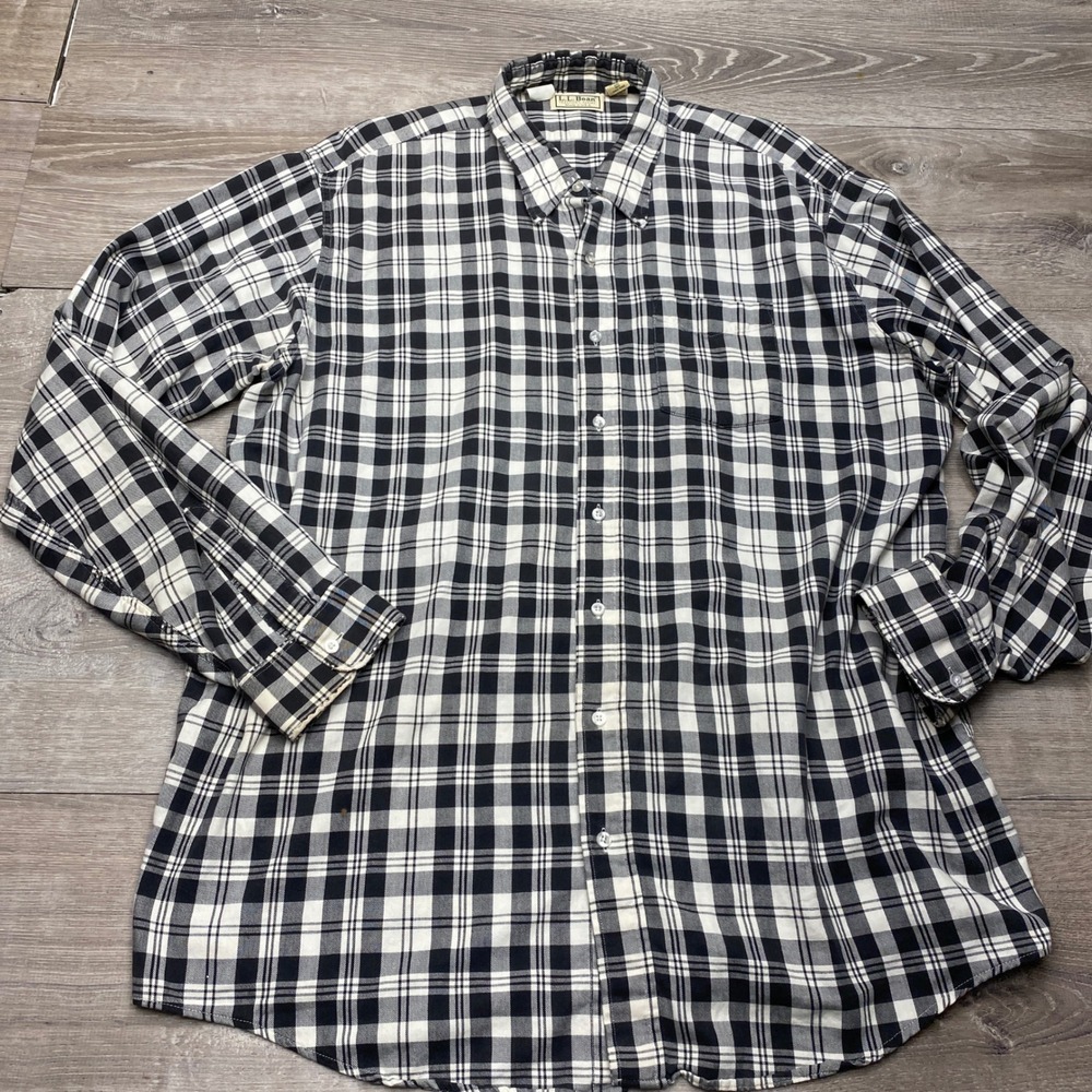 L.L. Bean Shirt Mens XXL Black White Plaid 100% Cotton Made in USA Long Sleeve